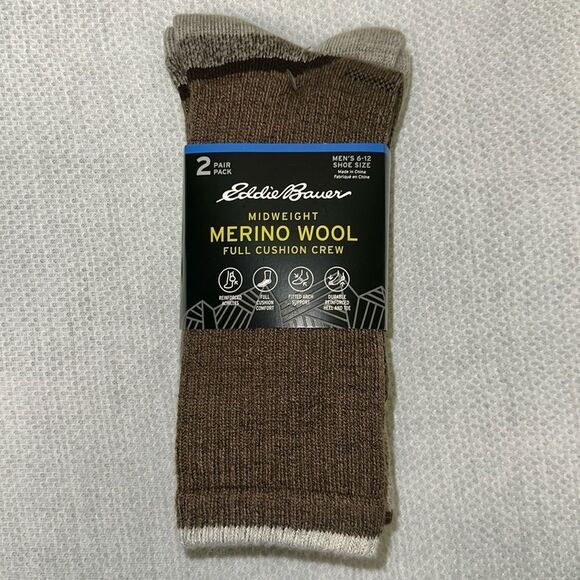 Eddie Bauer Men’s Heather Brown Ribbed Midweight Full Cushion Crew Socks 2 pk - Picture 1 of 7